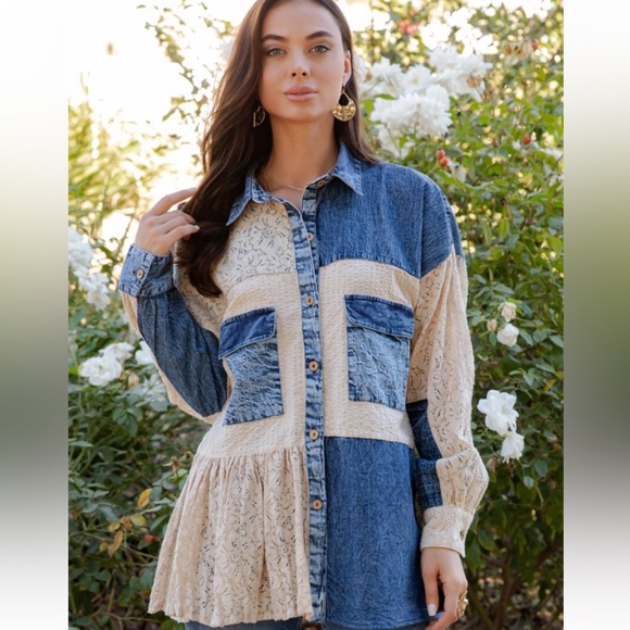 Young Threads Tops - Women's Patchwork Button-Down Shirt in Blue and Cream